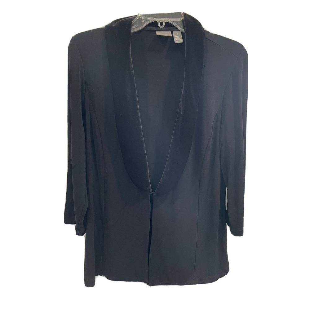 CHICO'S TRAVELERS 2 L Black Velvet Trim Shawl Collar Stretchy Knit Top EUC AK95